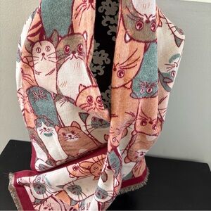 100% Cashmere Playful Cat Print Scarf - Red and Cream